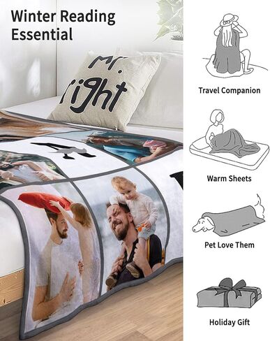 Custom Blanket with Picture, Personalized Blanket, Customized Fleece Throw Blanket Ships Next Day Made in USA Personalized Gifts for Mom Dad Couple Girlfriend Boyfriend Wife Husband in Saudi Arabia