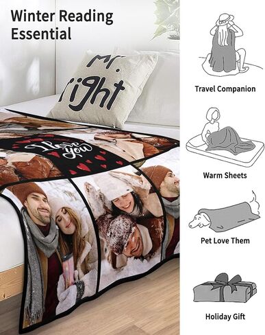 Custom Blanket with Picture, Personalized Blanket, Customized Fleece Throw Blanket Ships Next Day Made in USA Personalized Gifts for Mom Dad Couple Girlfriend Boyfriend Wife Husband in Saudi Arabia