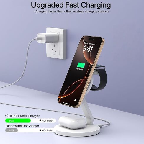 محطة شحن لاسلكية مغناطيسية قابلة للطي 3 في 1، شاحن iPhone Mag-Safe، حامل شاحن MagSafe سريع بقدرة 15 وات لأجهزة Apple iPhone16Pro Max/16 Pro/15 ProMax/14/13/12، وApple Watch Ultra/2/SE إلى S9، وAirPods Pro 3 in Kuwait