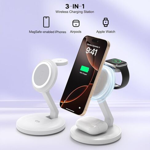 محطة شحن لاسلكية مغناطيسية قابلة للطي 3 في 1، شاحن iPhone Mag-Safe، حامل شاحن MagSafe سريع بقدرة 15 وات لأجهزة Apple iPhone16Pro Max/16 Pro/15 ProMax/14/13/12، وApple Watch Ultra/2/SE إلى S9، وAirPods Pro 3 in Kuwait