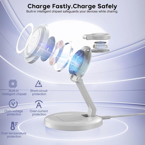 محطة شحن لاسلكية مغناطيسية قابلة للطي 3 في 1، شاحن iPhone Mag-Safe، حامل شاحن MagSafe سريع بقدرة 15 وات لأجهزة Apple iPhone16Pro Max/16 Pro/15 ProMax/14/13/12، وApple Watch Ultra/2/SE إلى S9، وAirPods Pro 3 in Kuwait