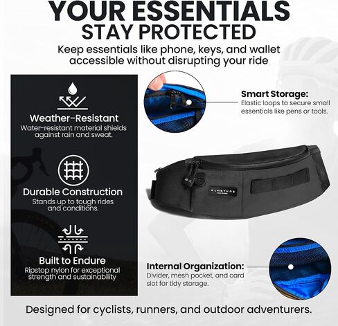 ALMSTHRE Hip Pack - أسود منتصف الليل | حقيبة فاني متينة ومقاومة للماء لراكبي الدراجات | مقاس قابل للتعديل مع مساحة تخزين منظمة | نايلون مقاوم للتمزق معاد تدويره لركوب الدراجات والمشي لمسافات طويلة والحمل اليومي in Kuwait
