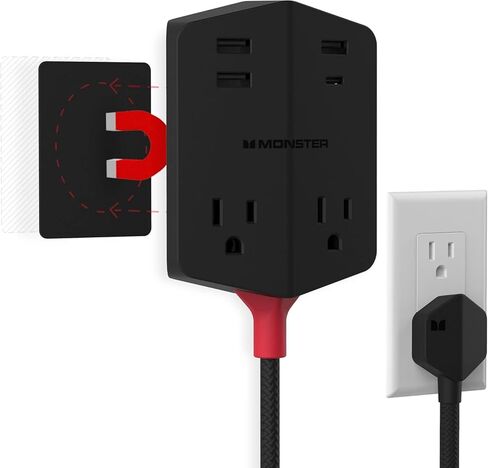 Monster Power Shield: Magnetic Wall Outlet Extender, Multiple Plug Outlet with 2 AC Outlets, 3 USB-A Ports, & 1 USB-C Port (20W) in Saudi Arabia