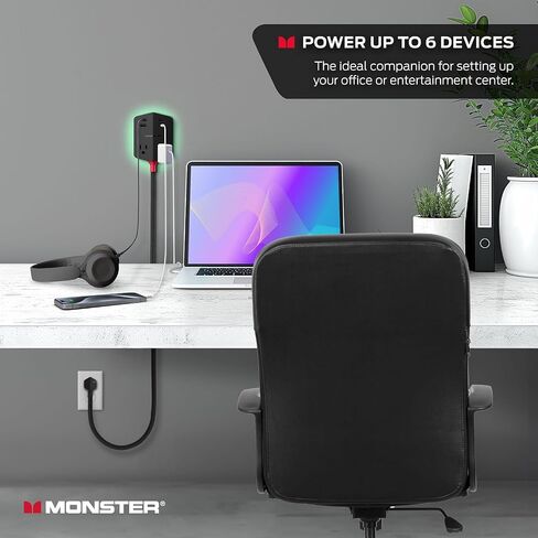 Monster Power Shield: Magnetic Wall Outlet Extender, Multiple Plug Outlet with 2 AC Outlets, 3 USB-A Ports, & 1 USB-C Port (20W) in Saudi Arabia