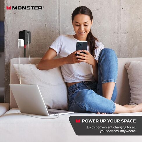 Monster Power Shield: Magnetic Wall Outlet Extender, Multiple Plug Outlet with 2 AC Outlets, 3 USB-A Ports, & 1 USB-C Port (20W) in Saudi Arabia