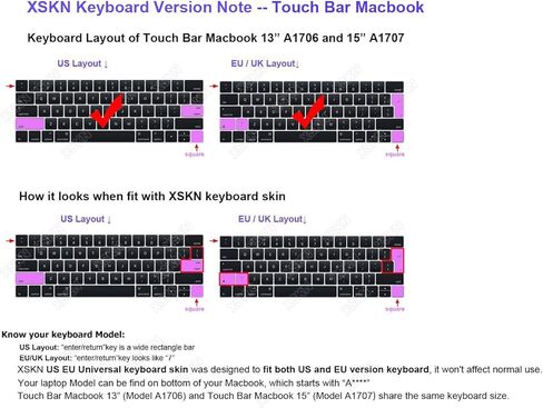 XSKN Portuguese Language Keyboard Skin Cover for 2016 Touch Bar MacBook Pro 13 (A2159 A1989 A1706) & MacBook Pro 15 (A1990 A1707), Plus Touch Bar Protector Gift, US EU Layout (Black) in Saudi Arabia