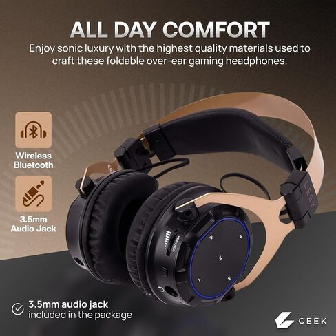 CEEK Wireless Bluetooth Headphones Over Ear with Noise Cancelling, 360° Surround Sound, Foldable Design & Detachable Mic - Headphones for Gym, Gaming, Music & Travel with Earth Shaking Bass - Gold. in Kuwait