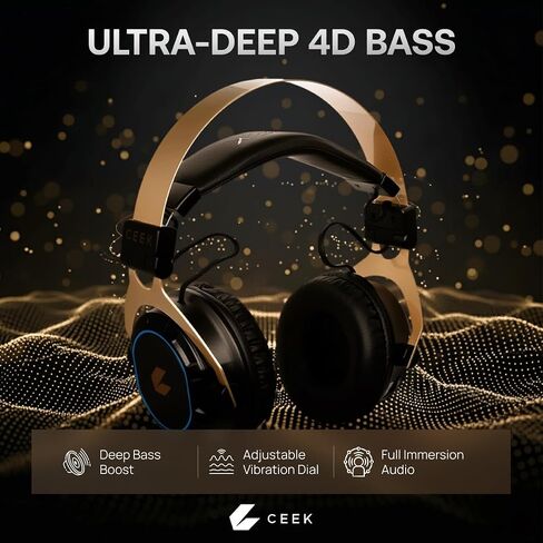 CEEK Wireless Bluetooth Headphones Over Ear with Noise Cancelling, 360° Surround Sound, Foldable Design & Detachable Mic - Headphones for Gym, Gaming, Music & Travel with Earth Shaking Bass - Gold. in Kuwait