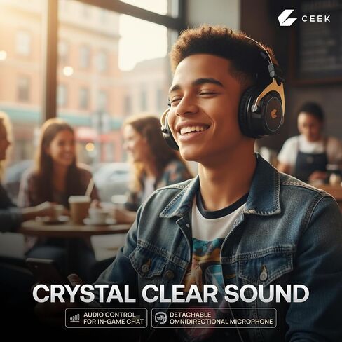 CEEK Wireless Bluetooth Headphones Over Ear with Noise Cancelling, 360° Surround Sound, Foldable Design & Detachable Mic - Headphones for Gym, Gaming, Music & Travel with Earth Shaking Bass - Gold. in Kuwait