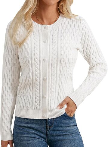 GRACE KARIN Womens Cable Knit Cardigan Button Up Sweater Soft Open Front Cardigans Crewneck Long Sleeve Outwear in Saudi Arabia