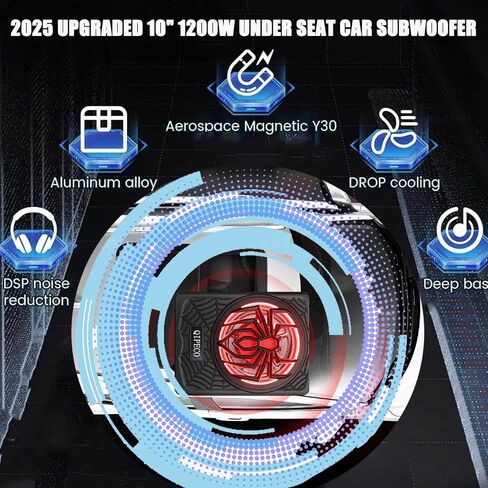2025 Upgraded 10" 1200w Car Subwoofer, Slim Underseat Powered Car Subwoofer and Amp Package with RGB Light, Car/Truck Sub Built in Amplifier for Outstanding Heat Dissipation, APP Control Lights in Saudi Arabia