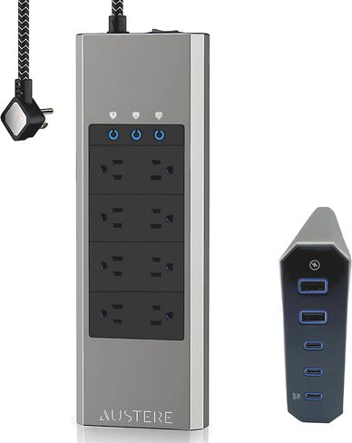 سلسلة Austere V، شريط طاقة حامي من 8 منافذ، 3000 جول، تصفية EMI/RFI، 3 منافذ USB-C ومنفذين USB-A 2.4 أمبير، مؤشرات LED، حماية التيار الزائد، ضمان المكونات لمدة 5 سنوات in Saudi Arabia