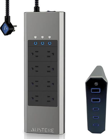 سلسلة Austere V، شريط طاقة حامي من 8 منافذ، 3000 جول، تصفية EMI/RFI، 3 منافذ USB-C ومنفذين USB-A 2.4 أمبير، مؤشرات LED، حماية التيار الزائد، ضمان المكونات لمدة 5 سنوات in Saudi Arabia