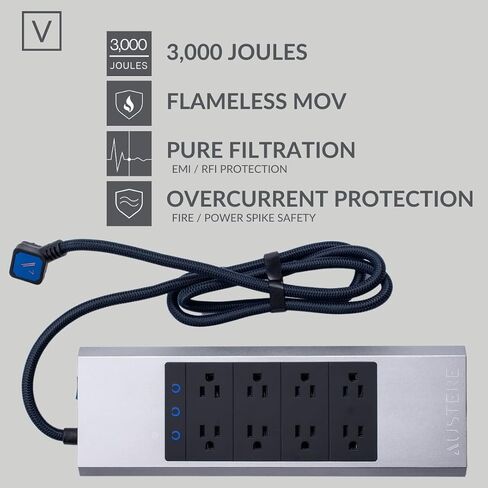 سلسلة Austere V، شريط طاقة حامي من 8 منافذ، 3000 جول، تصفية EMI/RFI، 3 منافذ USB-C ومنفذين USB-A 2.4 أمبير، مؤشرات LED، حماية التيار الزائد، ضمان المكونات لمدة 5 سنوات in Saudi Arabia