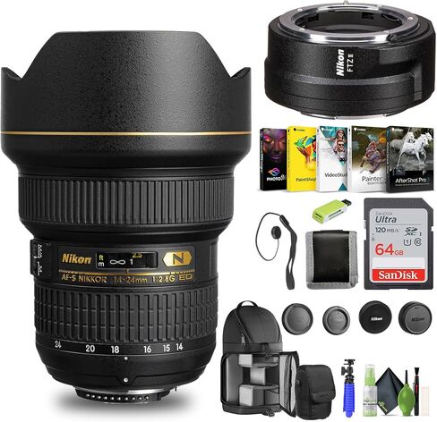 Nikon AF-S NIKKOR 14-24mm f/2.8G ED Lens (2163) + FTZ II Adapter + 64GB Memory Card + Backpack + Card Reader + Corel Photo Software + Flex Tripod + Memory Wallet + Cap Keeper + Cleaning Kit in Saudi Arabia