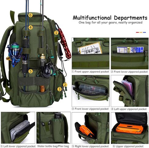حقيبة ظهر لصيد الأسماك مع صناديق معالجة، حقيبة ظهر لصيد الأسماك سعة 45 لتر، صندوق أدوات صيد السمك، حقيبة تخزين كبيرة مضادة للماء في الهواء الطلق، هدايا عيد الميلاد للرجال (أسود) in Kuwait