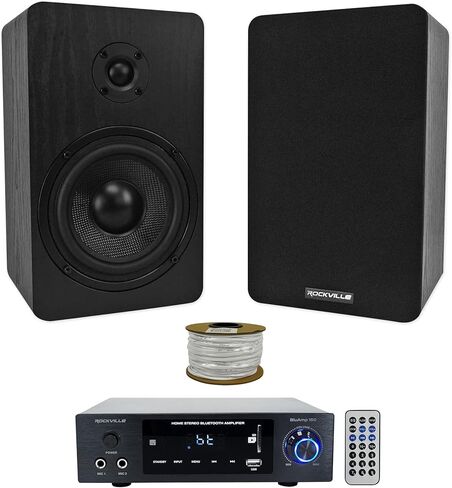 Rockville BLUAMP 150 Home Stereo Bluetooth Amplifier Receiver Bundle with (2) RockShelf 54B 360w Black 5.25" Home Theater Bookshelf Speakers & Blue 14G50 OFC Speaker Wire (3 Items) in Saudi Arabia