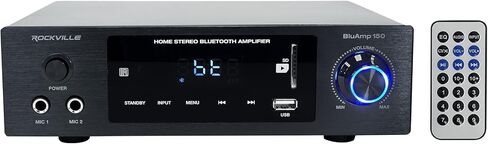 Rockville BLUAMP 150 Home Stereo Bluetooth Amplifier Receiver Bundle with (2) RockShelf 54B 360w Black 5.25" Home Theater Bookshelf Speakers & Blue 14G50 OFC Speaker Wire (3 Items) in Saudi Arabia