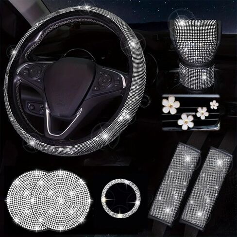 Car Accessories Set for Women, 11 Pieces Bling Interior Decor Kit, Sparkly Steering Wheel Cover, Rhinestone Seat Belt Covers,Daisy Air Vent Clips, Universal Fit,Cute Interior Full Kit (White Diamond) in Saudi Arabia