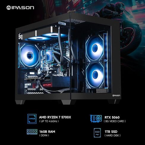 كمبيوتر مكتبي للألعاب IPASON Speedra، Ryzen7 5700X، Geforce RTX 3050 6G، 16 جيجابايت DDR4، 1 تيرابايت NVMe SSD، 550 واط PSU، Wi-Fi، مراوح ARGB، Windows 11، كمبيوتر ألعاب مُصمم مسبقًا، كمبيوتر جديد in Kuwait