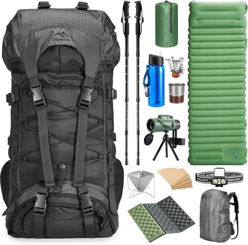 Premium Hiking Camping Backpack Set, Casual Style with Inflatable Sleeping Pad, Trekking Poles, Monocular, Water Filter Bottle & LED Headlamp - Adventure Essentials for Outdoor Explorers in Saudi Arabia