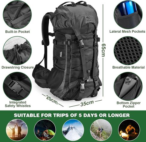 Premium Hiking Camping Backpack Set, Casual Style with Inflatable Sleeping Pad, Trekking Poles, Monocular, Water Filter Bottle & LED Headlamp - Adventure Essentials for Outdoor Explorers in Saudi Arabia