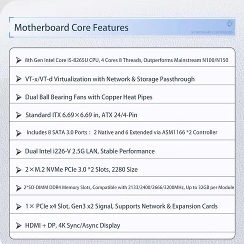 Mini-ITX Motherboard with Quad-Core 8-Thread Low Power CPU, Dual 2.5G LAN, 8 SATA, HDMI/DP 4K, PCIe x4, 2 M.2 NVMe, DDR4 RAM – Home Server, NAS Storage, Firewall, Virtualization in Saudi Arabia