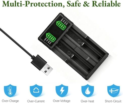 18650 Battery Charger with 2 Pack 3.7V 2200mAh Button Top Battery Ni-MH,2 Bay LCD Display Smart Universal USB Battery Chargers for 18650 18500 21700 26650 14500 16340 10440 3.7V Rechargeable Batteries in Saudi Arabia
