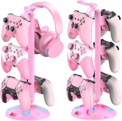 Canmarin Gaming RGB Headphone Stand,Controller Holder with 9 Light Modes - Headset Stand with 2 USB Charging Ports and 3.5mm & Type-C - Controller Stand Hanger Accessories for Desk and Gamer(Black) A in Saudi Arabia