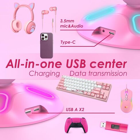 Canmarin Gaming RGB Headphone Stand,Controller Holder with 9 Light Modes - Headset Stand with 2 USB Charging Ports and 3.5mm & Type-C - Controller Stand Hanger Accessories for Desk and Gamer(Black) A in Saudi Arabia
