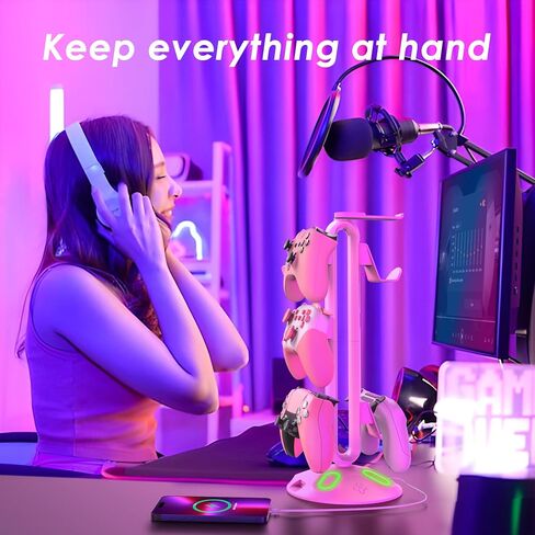 Canmarin Gaming RGB Headphone Stand,Controller Holder with 9 Light Modes - Headset Stand with 2 USB Charging Ports and 3.5mm & Type-C - Controller Stand Hanger Accessories for Desk and Gamer(Black) A in Saudi Arabia