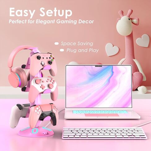 Canmarin Gaming RGB Headphone Stand,Controller Holder with 9 Light Modes - Headset Stand with 2 USB Charging Ports and 3.5mm & Type-C - Controller Stand Hanger Accessories for Desk and Gamer(Black) A in Saudi Arabia