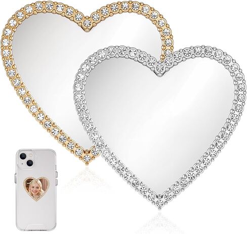 2 Pcs Heart Shape Phone Mirror Bling Cellphone Case Mirror Decal Cellphone Stick-On Mirrors with Gold Silver Zinc Alloy Frame Adhesive Makeup Mirrors for Phone Back(Remove Protective Film) in Saudi Arabia