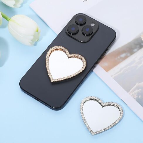 2 Pcs Heart Shape Phone Mirror Bling Cellphone Case Mirror Decal Cellphone Stick-On Mirrors with Gold Silver Zinc Alloy Frame Adhesive Makeup Mirrors for Phone Back(Remove Protective Film) in Saudi Arabia