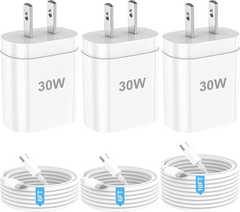 شاحن USB C شحن سريع لهاتف iPhone 15/16 Pro/Pro Max، كتلة شاحن USB C سريع بقدرة 30 وات مع سلك كابل طويل من النوع C بطول 6 أقدام و10 أقدام لهاتف iPhone 16/15 Plus/iPad Pro 12.9/11/Samsung/Android (3 عبوات) in Kuwait