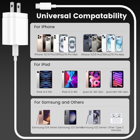 شاحن USB C شحن سريع لهاتف iPhone 15/16 Pro/Pro Max، كتلة شاحن USB C سريع بقدرة 30 وات مع سلك كابل طويل من النوع C بطول 6 أقدام و10 أقدام لهاتف iPhone 16/15 Plus/iPad Pro 12.9/11/Samsung/Android (3 عبوات) in Kuwait