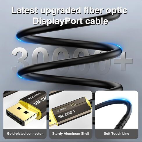 Fiber Optic DisplayPort Cable 2.1 30ft, 16K Fiber DisplayPort 2.0 Cable Supports 54Gbps [16K@30Hz, 8K@60Hz, 4K@240Hz] Supports FreeSync and G-Sync Technologies for Gaming Monitor Graphics PC in Saudi Arabia