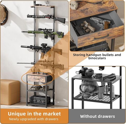 Indoor Gun Rack with Shelf and Drawer - Gun Display Stand, Gun Stand for Wall Mount, Floor Rifle Rack Guns Storage Organizer Rifle Holder Hunting Gun Shelf(69.7" H) in Saudi Arabia