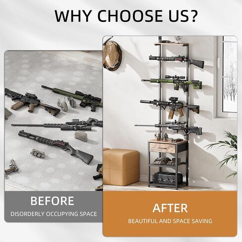 Indoor Gun Rack with Shelf and Drawer - Gun Display Stand, Gun Stand for Wall Mount, Floor Rifle Rack Guns Storage Organizer Rifle Holder Hunting Gun Shelf(69.7" H) in Saudi Arabia