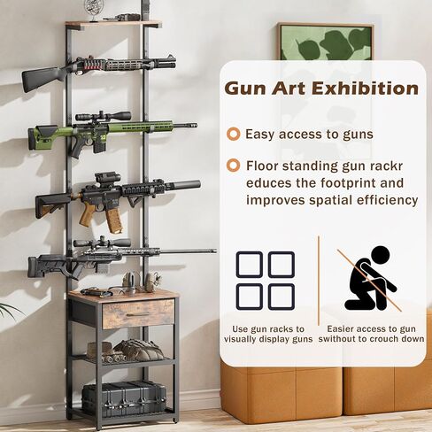 Indoor Gun Rack with Shelf and Drawer - Gun Display Stand, Gun Stand for Wall Mount, Floor Rifle Rack Guns Storage Organizer Rifle Holder Hunting Gun Shelf(69.7" H) in Saudi Arabia