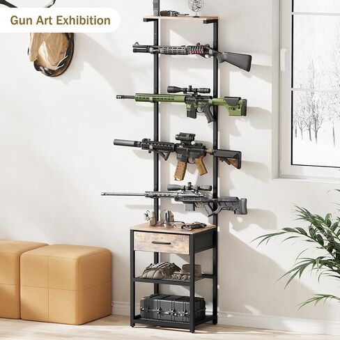 Indoor Gun Rack with Shelf and Drawer - Gun Display Stand, Gun Stand for Wall Mount, Floor Rifle Rack Guns Storage Organizer Rifle Holder Hunting Gun Shelf(69.7" H) in Saudi Arabia