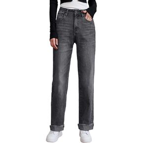 Womens High Waisted Jeans Stretchy Straight Leg Loose Fit Tummy Control Raw Hem Denim Pants Trendy 2025 Fashion in Kuwait