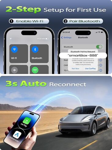 محول CarPlay لاسلكي صغير وAndroid Auto لهواتف iPhone وAndroid (ترقية 2026)، بدون تأخير، اتصال سريع ومستقر، يحول السلكي إلى دونجل CarPlay اللاسلكي للسيارات 2016+، منفذ USB-A&C in Kuwait