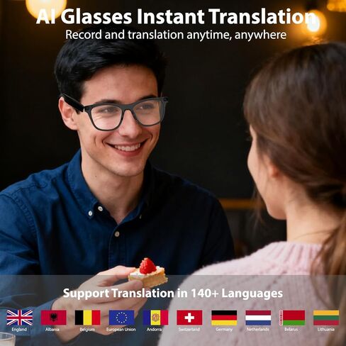 نظارات الذكاء الاصطناعي الذكية للرجال والنساء - بلوتوث 5.4 مع دردشة GPT، عدسات ترشيح الضوء الأزرق، نظارات ترجمة مع 144 لغة ولهجة للسفر والاجتماعات التجارية، أسود in Kuwait