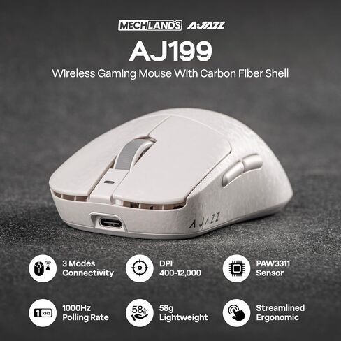 MechLands AJAZZ AJ199 Lightweight Gaming Mouse with Carbon Fiber Shell, 2.4G/USB-C/BT Wireless Mouse with 500mAh Battery, Adjustable 12,000 DPI & 1KHz Polling, PAW3311 Sensor for PC/Mac/Gaming (White) in Kuwait