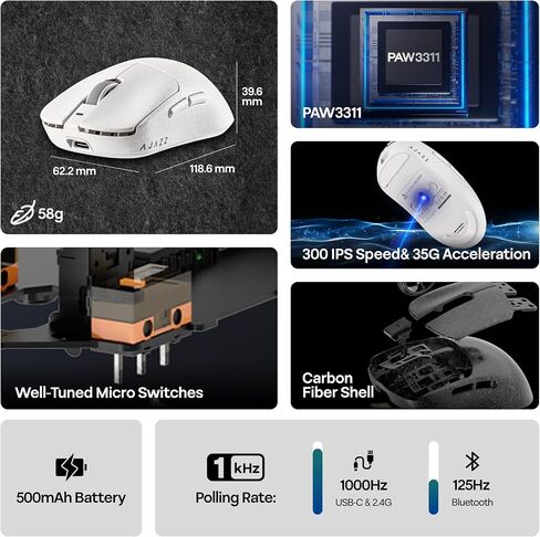 MechLands AJAZZ AJ199 Lightweight Gaming Mouse with Carbon Fiber Shell, 2.4G/USB-C/BT Wireless Mouse with 500mAh Battery, Adjustable 12,000 DPI & 1KHz Polling, PAW3311 Sensor for PC/Mac/Gaming (White) in Kuwait