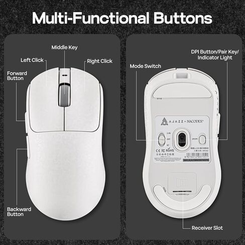 MechLands AJAZZ AJ199 Lightweight Gaming Mouse with Carbon Fiber Shell, 2.4G/USB-C/BT Wireless Mouse with 500mAh Battery, Adjustable 12,000 DPI & 1KHz Polling, PAW3311 Sensor for PC/Mac/Gaming (White) in Kuwait