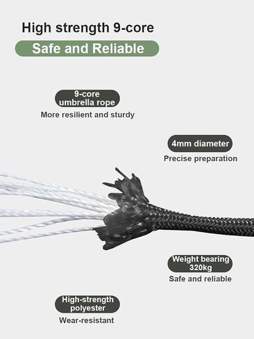 Paracord Rope 50ft 4mm, Parachute Spool Cord with 9-Strand Core, Nylon String for Camping, Hammock, Clothsline, Hiking, Fishing, Outdoor Utility in Saudi Arabia
