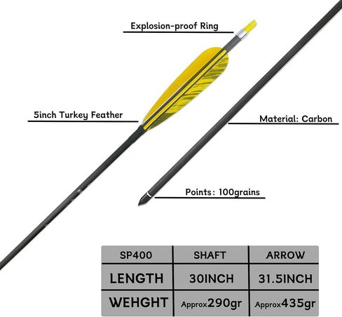 30inch Hunting Carbon Archery Arrows with 5" Turkey Feathers Spine 300/400/500 for Recurve & Long Bow (Pack of 12) in Saudi Arabia