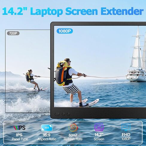 موسع شاشة الكمبيوتر المحمول، شاشة محمولة ثلاثية FHD 1080P مقاس 14.2 بوصة لأجهزة الكمبيوتر المحمول مع زر تعديل ذكي، وموسع شاشة تشغيل USB-C/HDMI لأجهزة Win/Mac/Android/Switch، تناسب أجهزة الكمبيوتر المحمولة مقاس 13-17 بوصة in Kuwait